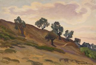 Mytilene, Olive Trees, Sunset Above — Oil painting, Canvas, 35.00×50.00cm — Theodoros Markellos